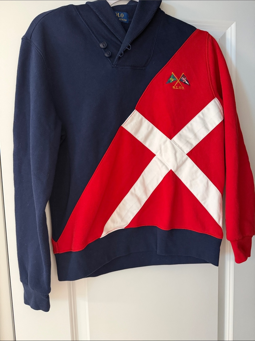 Ralph Lauren Navy & Red Diagonal Flag Shawl-Collar Pullover